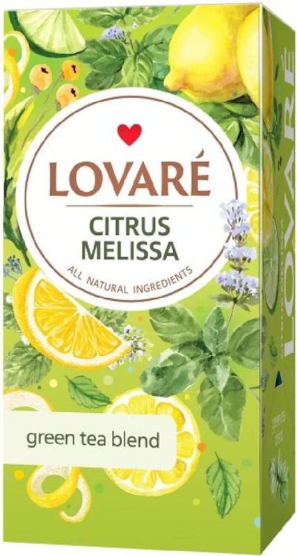Cutie ceai cu 24 pliculețe Lovaré - Citrus Melissa: amestec de ceai verde, plante și fructe 48 g