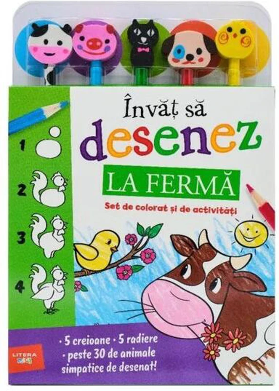 Învăț să desenez. La fermă. Set de colorat și de activități (conține 5 creioane și 5 radiere)