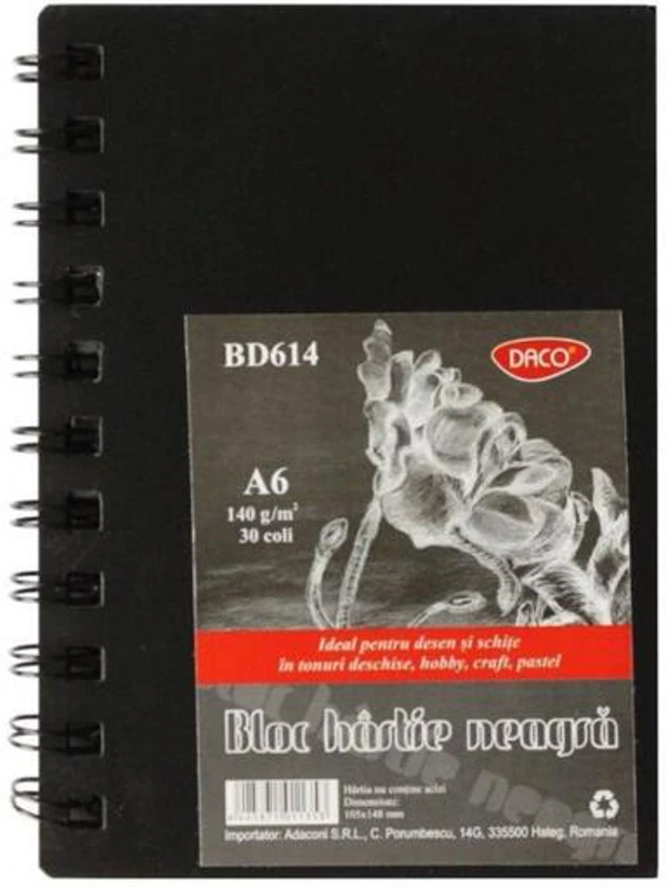 Bloc desen DACO A6 140g, 30 file, hârtie neagră - BD614