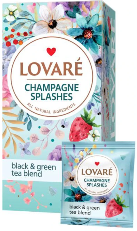 Cutie cu 24 pliculețe Lovaré - Splashes of Champagne: Amestec de ceai negru, ceai verde, căpșuni și petale de albăstrele 48 g