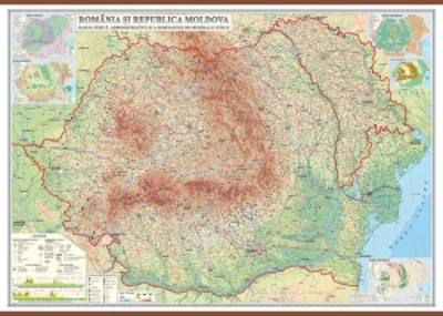 Romania si Republica Moldova. Harta fizica, administrativa si a substantelor minerale utile (1400x1000 mm), cu sipci din MDF