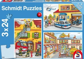 Puzzle Schmidt: Pompierii și poliția, set de 3 puzzle-uri x 24 piese + cadou: poster