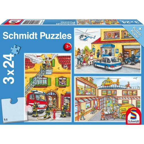 Puzzle Schmidt: Pompierii și poliția, set de 3 puzzle-uri x 24 piese + cadou: poster