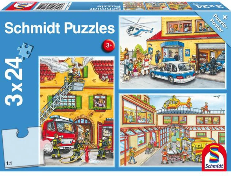 Puzzle Schmidt: Pompierii și poliția, set de 3 puzzle-uri x 24 piese + cadou: poster