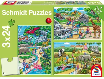 Puzzle Schmidt: O zi la grădina zoologică, set de 3 puzzle-uri x 24 piese + cadou: poster
