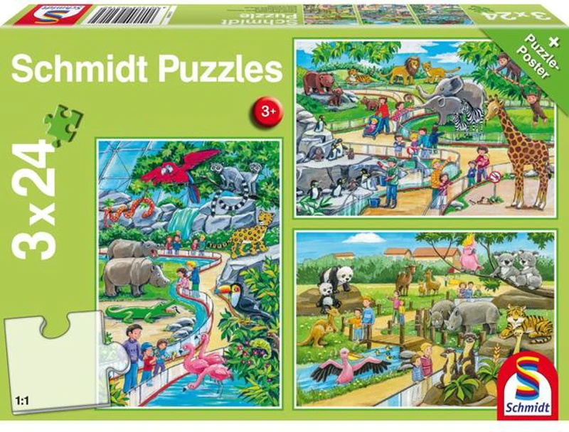 Puzzle Schmidt: O zi la grădina zoologică, set de 3 puzzle-uri x 24 piese + cadou: poster