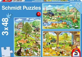 Puzzle Schmidt: La țară, set de 3 puzzle-uri x 48 piese + cadou: poster