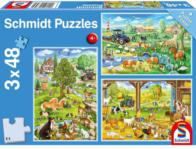Puzzle Schmidt: La țară, set de 3 puzzle-uri x 48 piese + cadou: poster