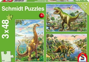 Puzzle Schmidt: Aventurile dinozaurilor, set de 3 puzzle-uri x 48 piese + cadou: poster
