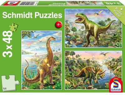 Puzzle Schmidt: Aventurile dinozaurilor, set de 3 puzzle-uri x 48 piese + cadou: poster