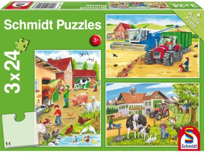 Puzzle Schmidt: La fermă, set de 3 puzzle-uri x 24 piese + cadou: poster