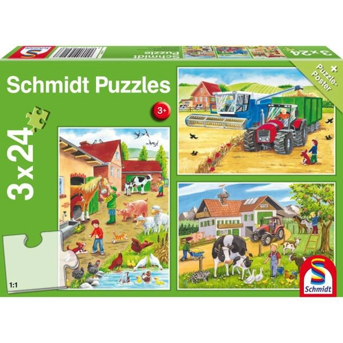 Puzzle Schmidt: La fermă, set de 3 puzzle-uri x 24 piese + cadou: poster