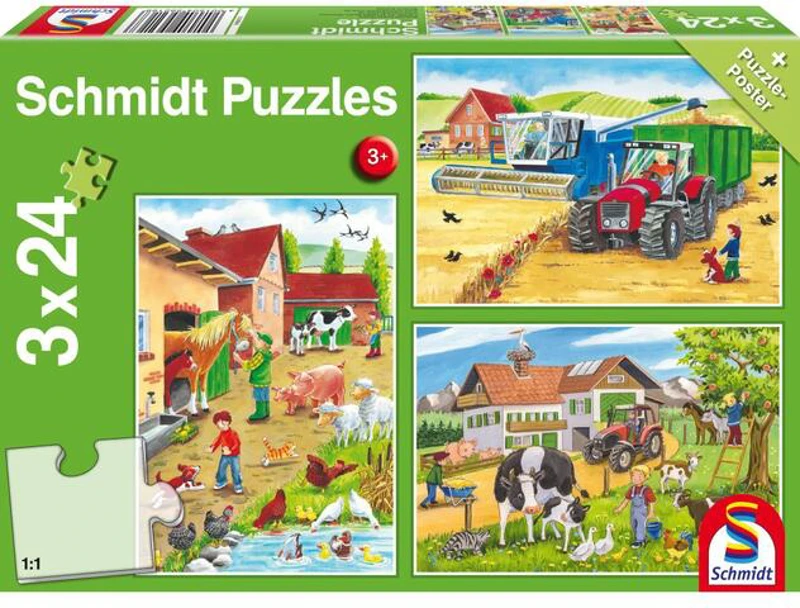 Puzzle Schmidt: La fermă, set de 3 puzzle-uri x 24 piese + cadou: poster