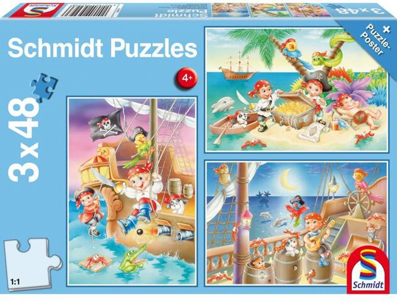 Puzzle Schmidt: Banda de pirați, set de 3 puzzle-uri x 48 piese + cadou: poster