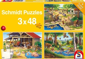 Puzzle Schmidt: Animalele mele favorite, set de 3 puzzle-uri x 48 piese + cadou: poster