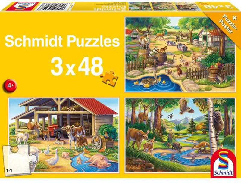 Puzzle Schmidt: Animalele mele favorite, set de 3 puzzle-uri x 48 piese + cadou: poster