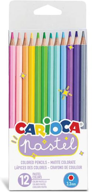 Creioane colorate Carioca Pastel, 12 culori, formă hexagonală