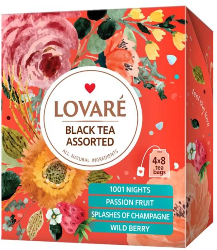 Cutie cu 32 pliculețe de ceai negru asortat Lovaré (4 arome x 8 pliculețe): 1001 Nights, Passion Fruit, Splashes of Champagne, Wild Berry 32 g