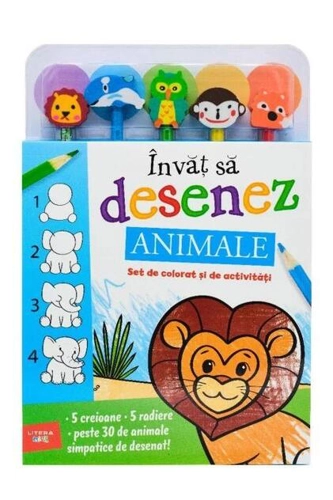 Învăț să desenez. Animale. Set de colorat și de activități (conține 5 creioane și 5 radiere)