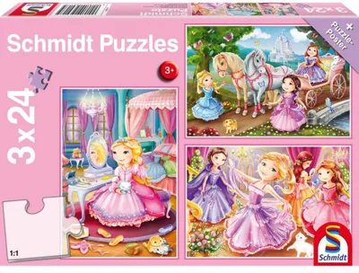 Puzzle Schmidt: Prințese din basme, set de 3 puzzle-uri x 24 piese + cadou: poster