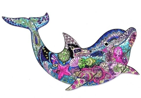 Puzzle de lemn, 90 piese în formă de delfin