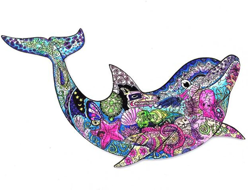 Puzzle de lemn, 90 piese în formă de delfin
