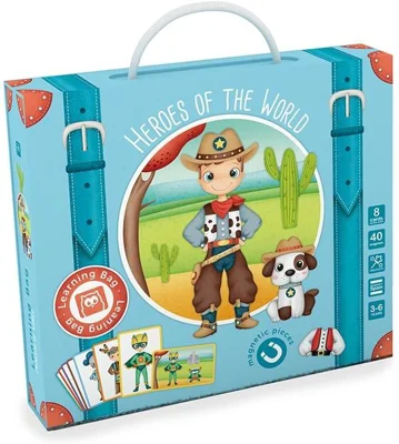 Puzzle magnetic educativ: Valiza cu eroii lumii