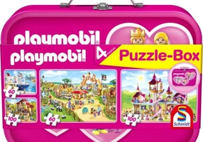 Puzzle-Box Schmidt: Playmobil roz, set de 2 puzzle-uri x 100 piese și 2 puzzle-uri x 60 piese + bonus: cufăr metalic