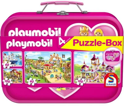 Puzzle-Box Schmidt: Playmobil roz, set de 2 puzzle-uri x 100 piese și 2 puzzle-uri x 60 piese + bonus: cufăr metalic