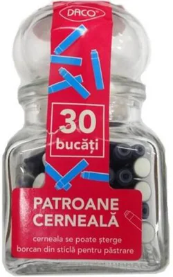 Patroane Scurte Cerneală DACO Albastru, 30 Buc., în Borcan de Sticlă