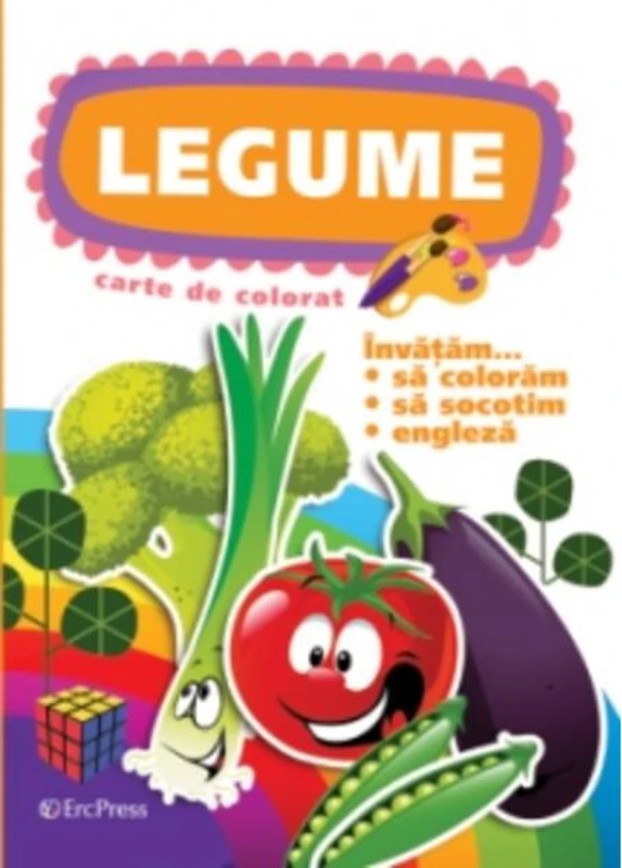 Legume. Carte de colorat. Învățăm... să colorăm, exerciții grafice, engleză