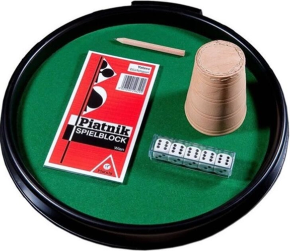 Tavă zaruri 32 cm cu set 5 zaruri și cupă din piele