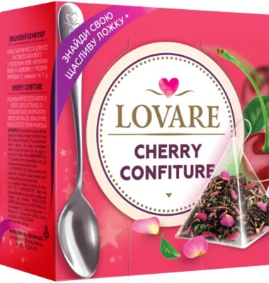 Cutie cu 15 piramide de ceai Lovaré - Cherry Confiture: amestec de ceai negru, ceai verde, petale de trandafir și aromă de vișine și dude 30 g
