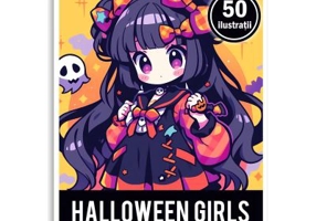 Carte de colorat, 50 de ilustratii, Chibi Halloween Girls