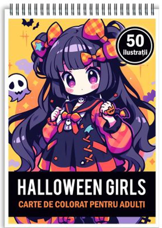 Carte de colorat, 50 de ilustratii, Chibi Halloween Girls