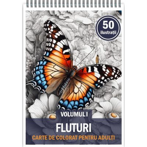 Carte de colorat, 50 de ilustratii, Fluturi, Volumul 1