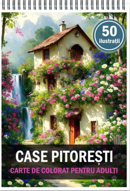 Carte de colorat pentru adulti, 50 de ilustratii, Case pitoresti