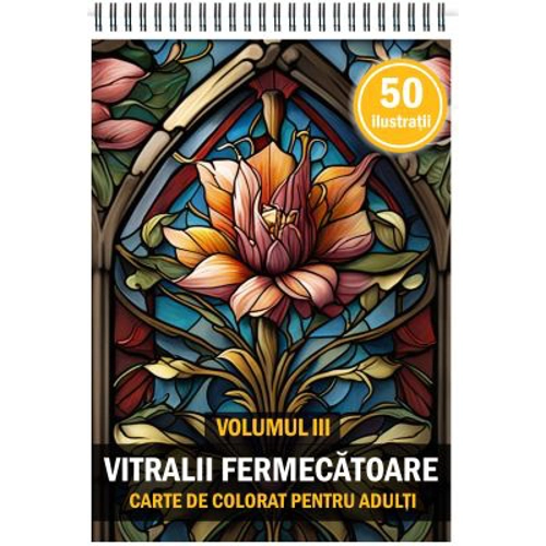 Carte de colorat pentru adulti, 50 de ilustratii, Vitralii Fermecatoare, Volumul 3