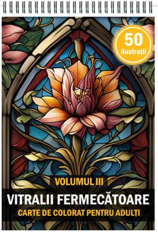 Carte de colorat pentru adulti, 50 de ilustratii, Vitralii Fermecatoare, Volumul 3