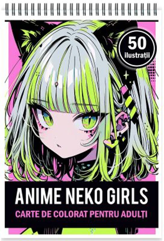 Carte de colorat pentru adulti, 50 de ilustratii Anime Neko Girls