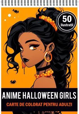 Carte de colorat pentru adulti, 50 de ilustratii, Anime Halloween Girls