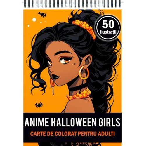 Carte de colorat pentru adulti, 50 de ilustratii, Anime Halloween Girls
