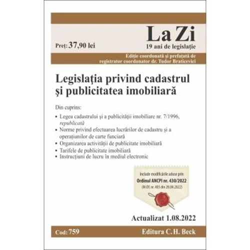 Legislatia privind cadastrul si publicitatea imobiliara. Actualizat la 1. 08. 2022