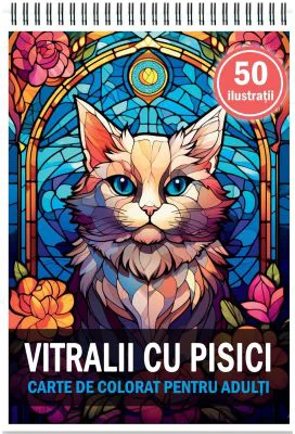 Carte de colorat, 50 de ilustratii, Vitralii cu Pisici