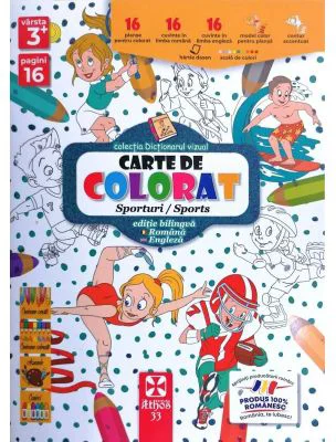 Carte de colorat pentru cei mici, contine imagini cu activitati sportive. Varsta 3+