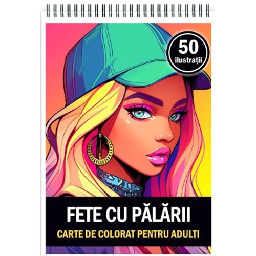 Carte de colorat pentru adulti, 50 de ilustratii, Fete cu palarii