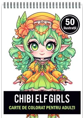 Carte de colorat pentru adulti, 50 de ilustratii Chibi Elf Girls
