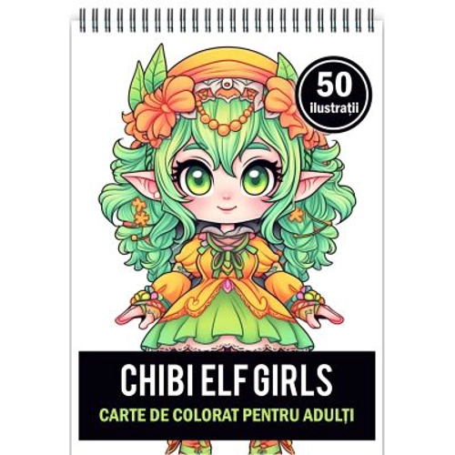 Carte de colorat pentru adulti, 50 de ilustratii Chibi Elf Girls
