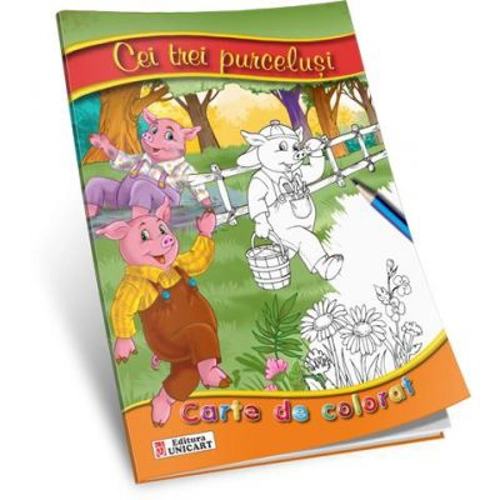 Cei trei purcelusi - Carte de colorat A5 ilustrata