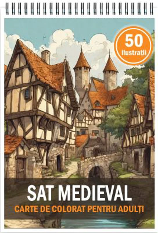 Carte de colorat, 50 de ilustratii, Sat Medieval